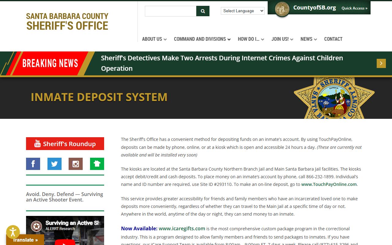 Santa Barbara County inmate records TouchPay deposit system