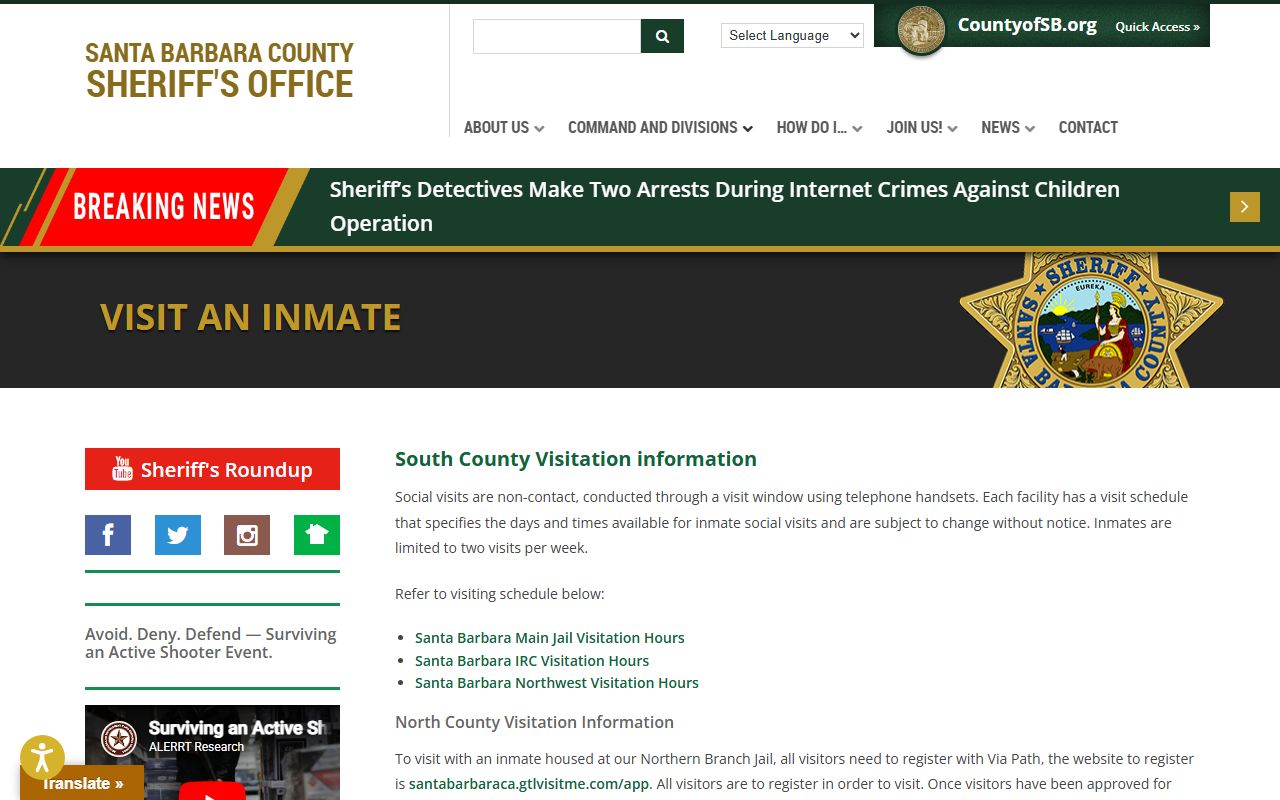 Santa Barbara County inmate records visitation rules and scheduling