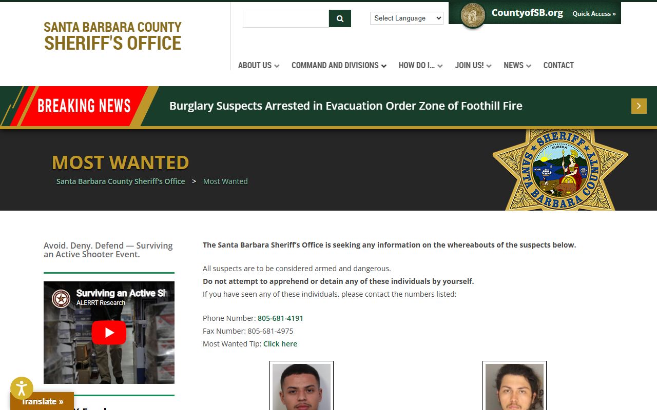 Santa Barbara County warrant records Most Wanted page