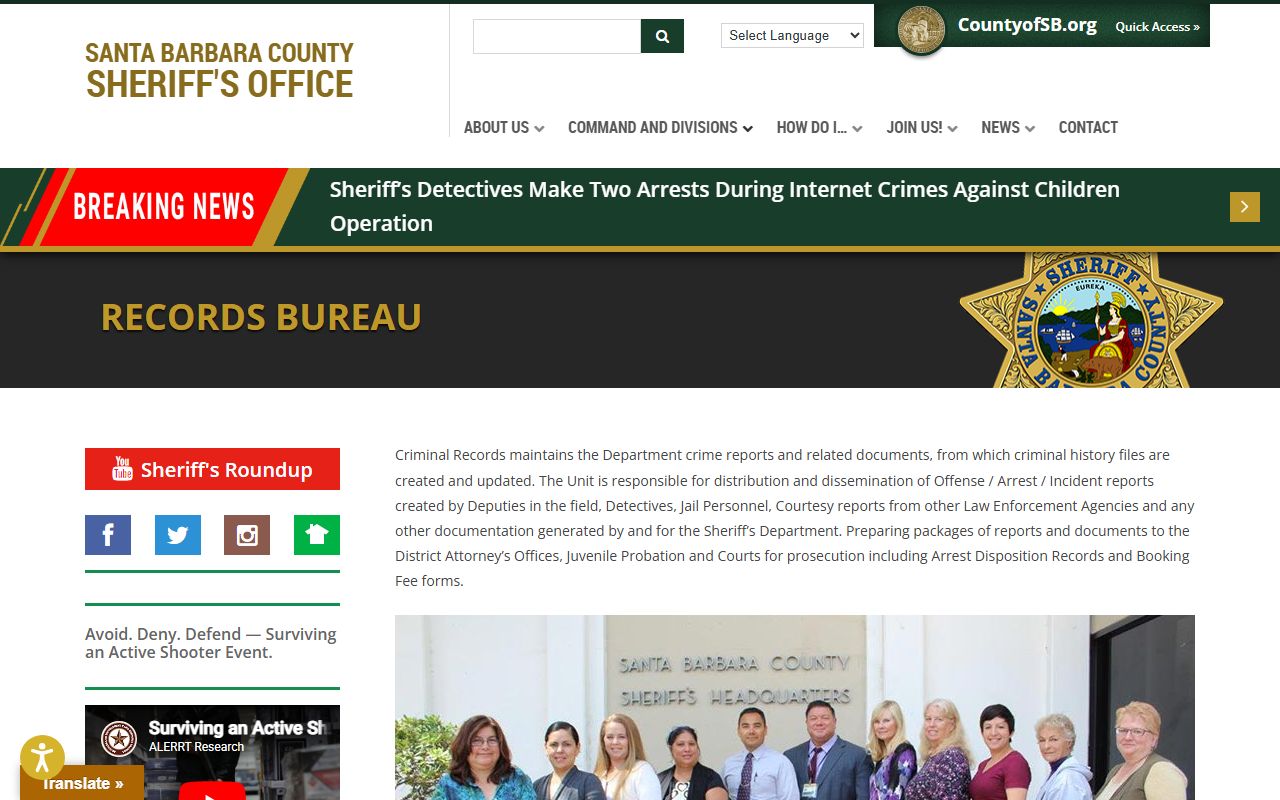 Santa Barbara County inmate records sheriff records bureau request page