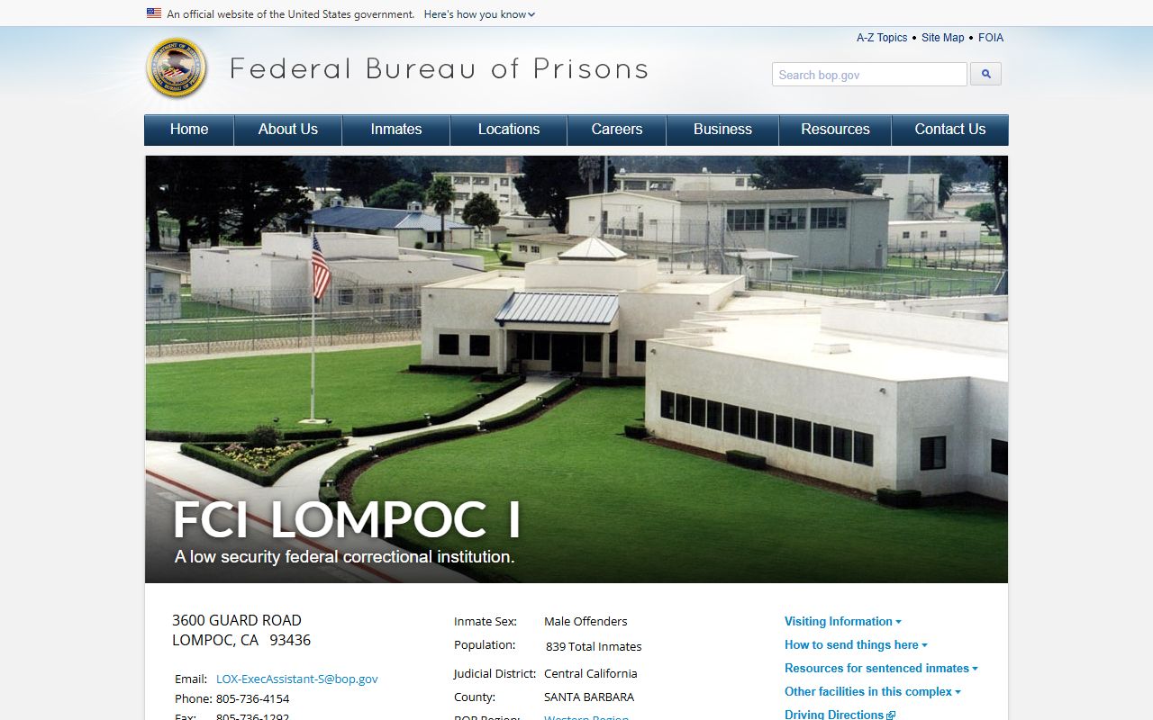 Federal Bureau of Prisons FCI Lompoc I facility page