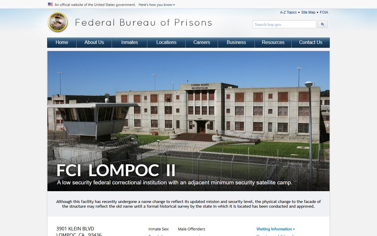 Federal Bureau of Prisons FCI Lompoc II facility page